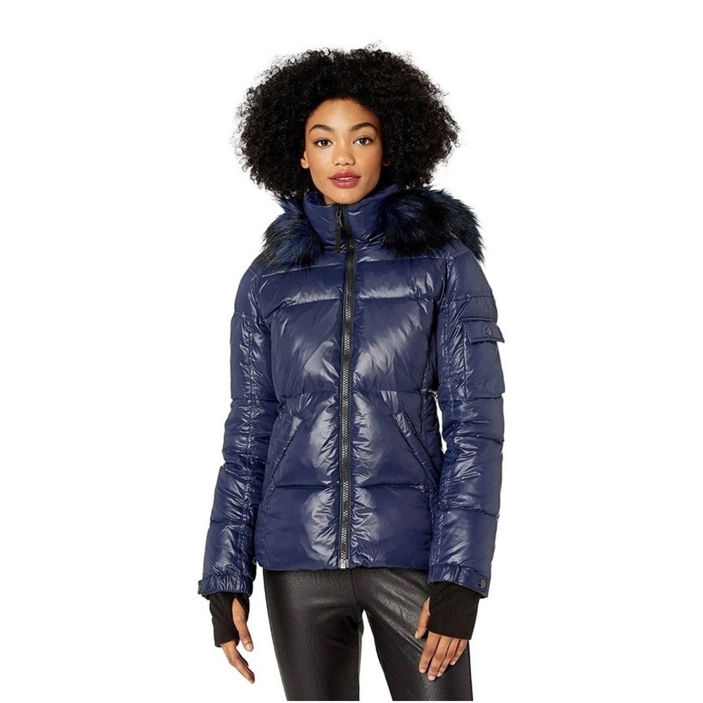 S13 NEW YORK Navy Shiny Faux Fur‎ Hood Puffer Jacket Women's Medium